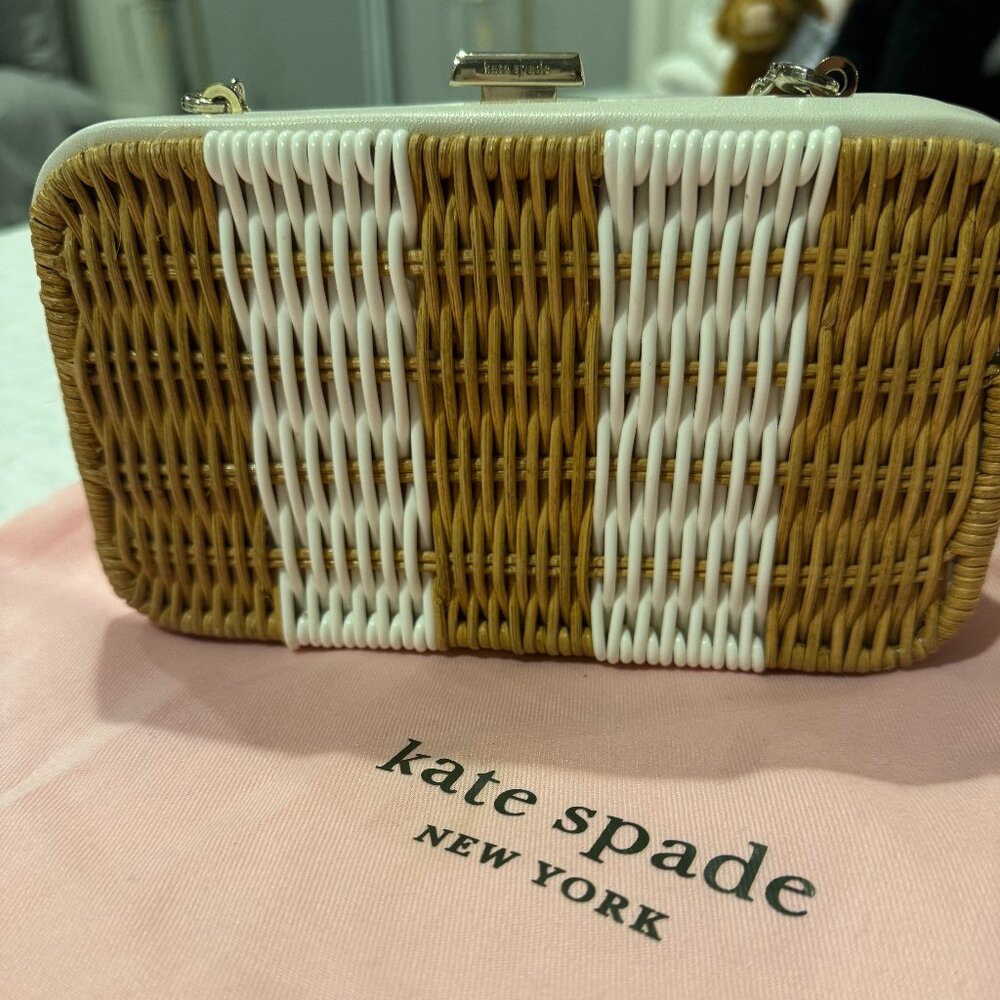 Kate Spade New York Wicker Box Clutch White & Natural with Chain Strap